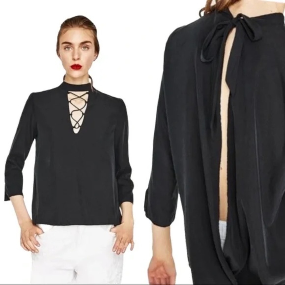 Zara v-neck choker open back 3-/4 sleeve blouse women's XS